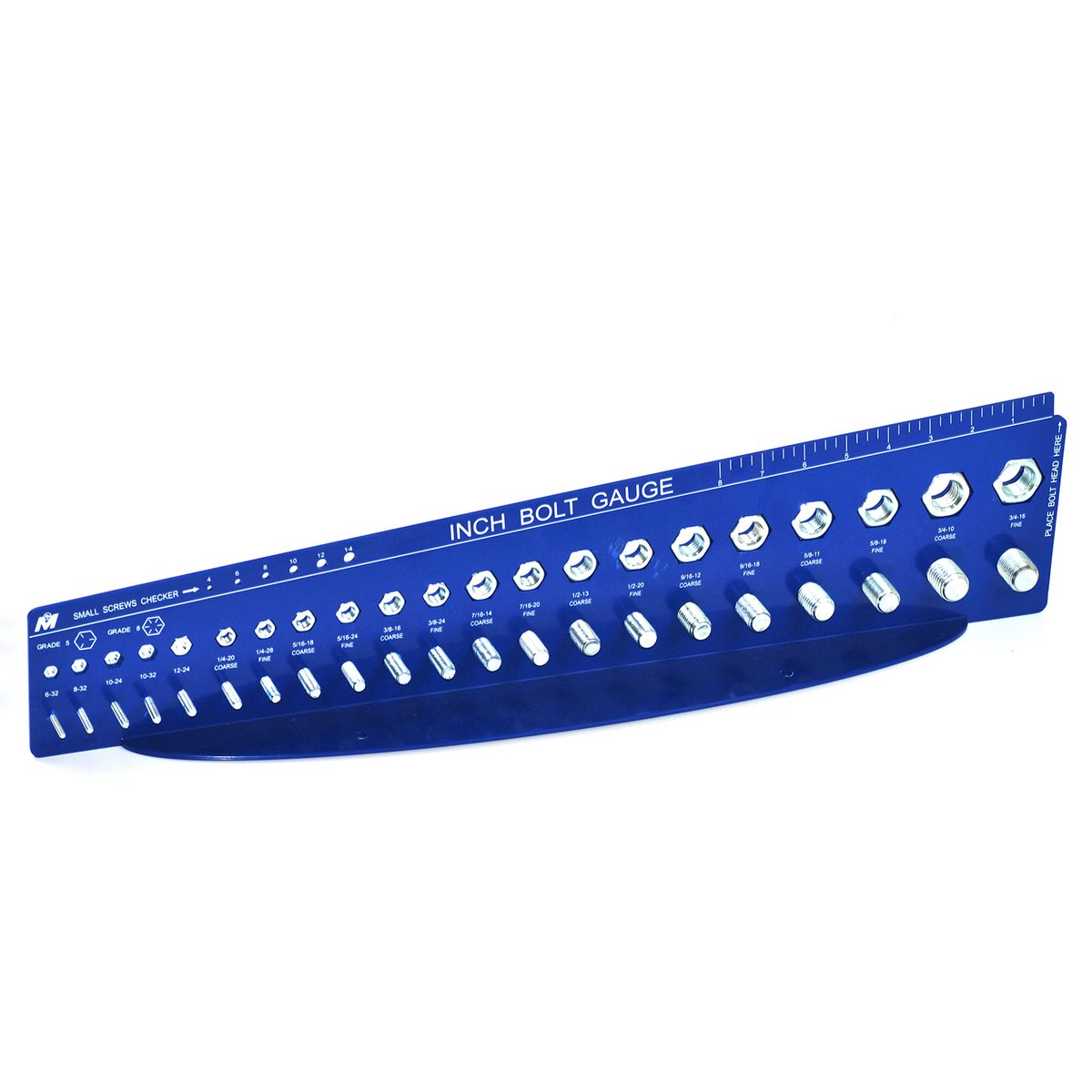Blue inch bolt gauge on a white background