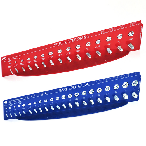 Two bolt gauges, one red and one blue, on a white background