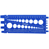 Blue BoltSizeIt Nut & Bolt Gauge tool with circular holes for measuring bolts, showing the front side