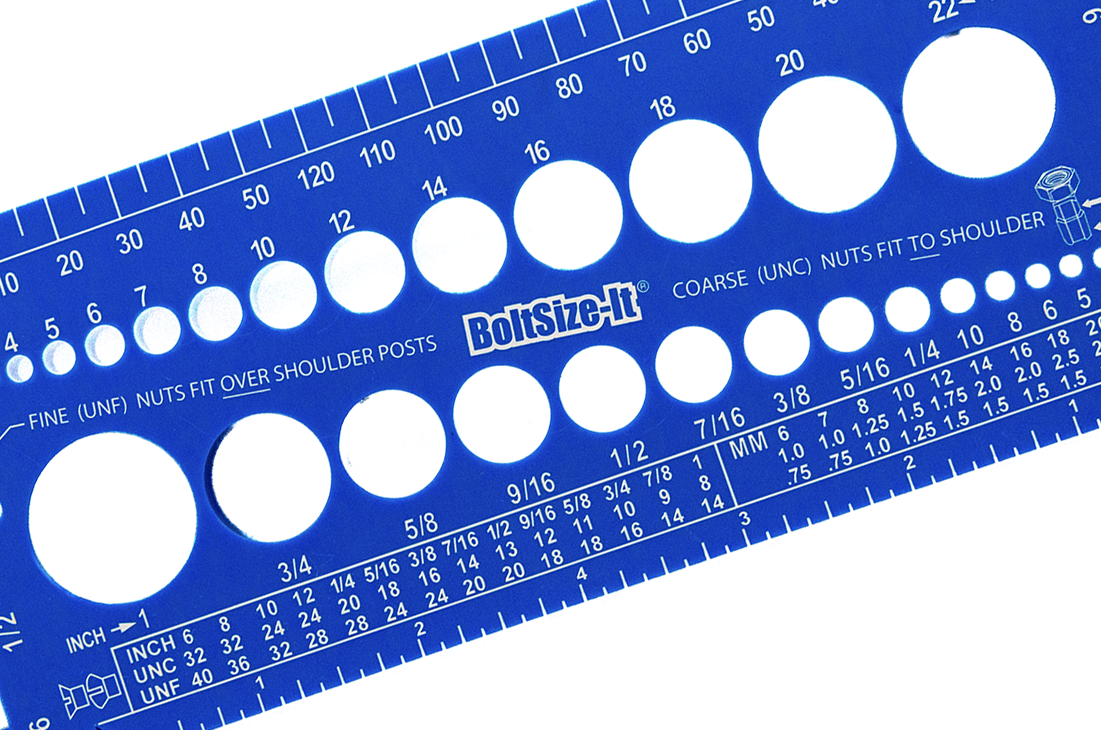 Blue BoltsizeIt Nut and Bolt Gauge with logo in white text