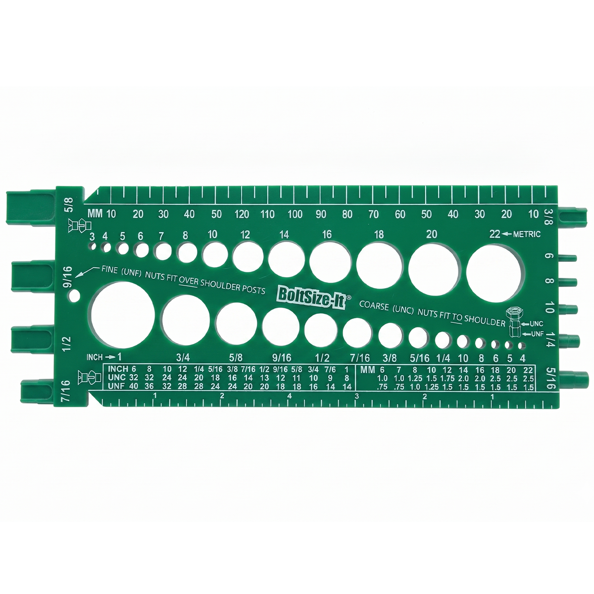 Green BoltSizeIt Nut & Bolt Gauge tool with circular holes for measuring bolts, showing the front side