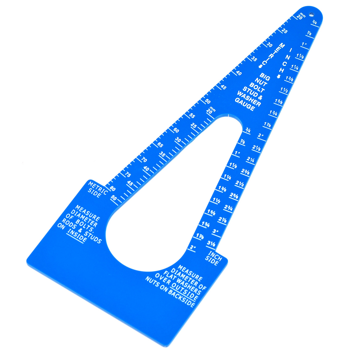 Blue Triangular-shaped gauge measurement tool on a white background