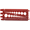 Red BoltSizeIt Nut & Bolt Gauge tool with circular holes for measuring bolts, showing the front side
