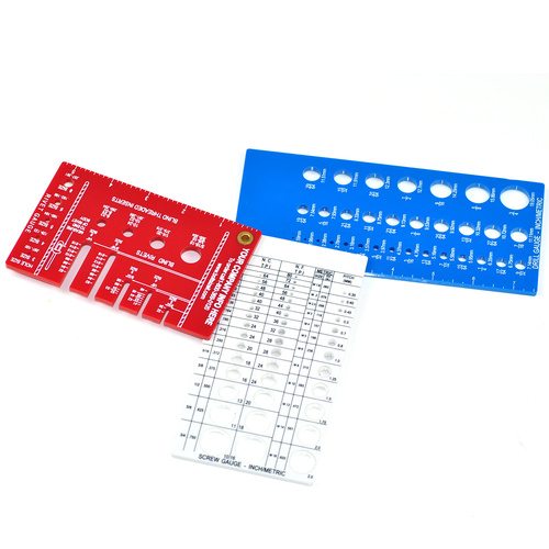 Flat plastic Rivet, Screw, and Drill Gauges, bolted together in a convenient pack with holes for measurement, displayed separated and open.