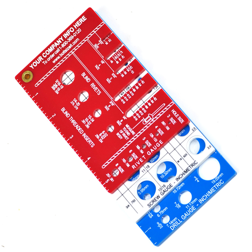 Flat plastic Rivet, Screw, and Drill Gauges, bolted together in a convenient pack with holes for measurement, displayed closed and stacked.