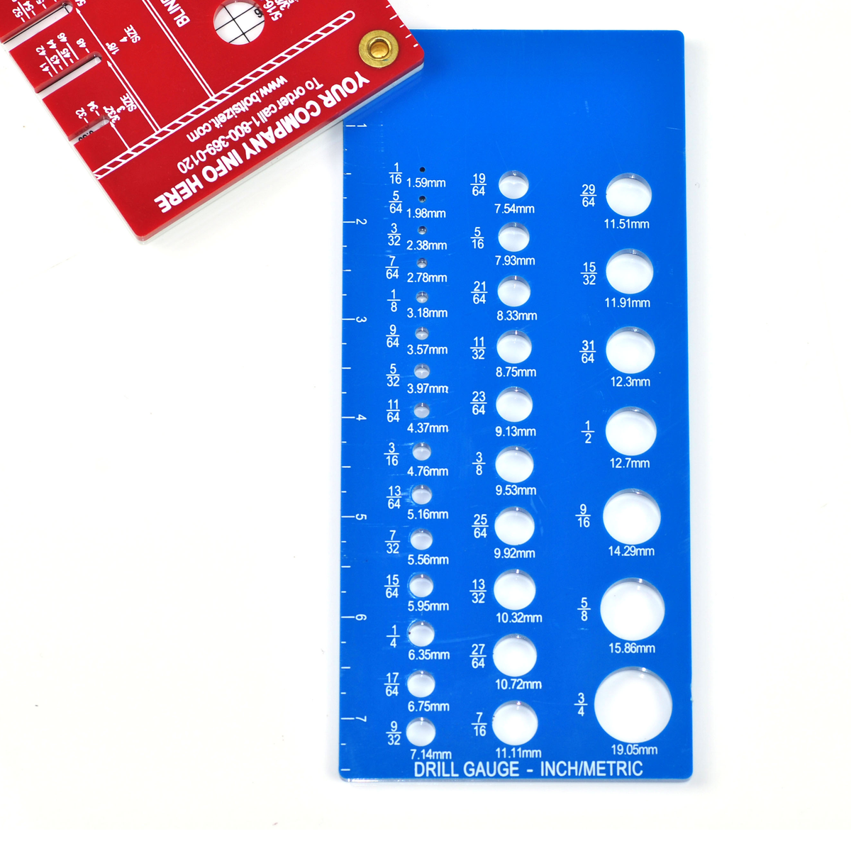 Flat plastic Rivet, Screw, and Drill Gauges, bolted together in a convenient pack with holes for measurement, displaying a close up of the Drill Gauge.