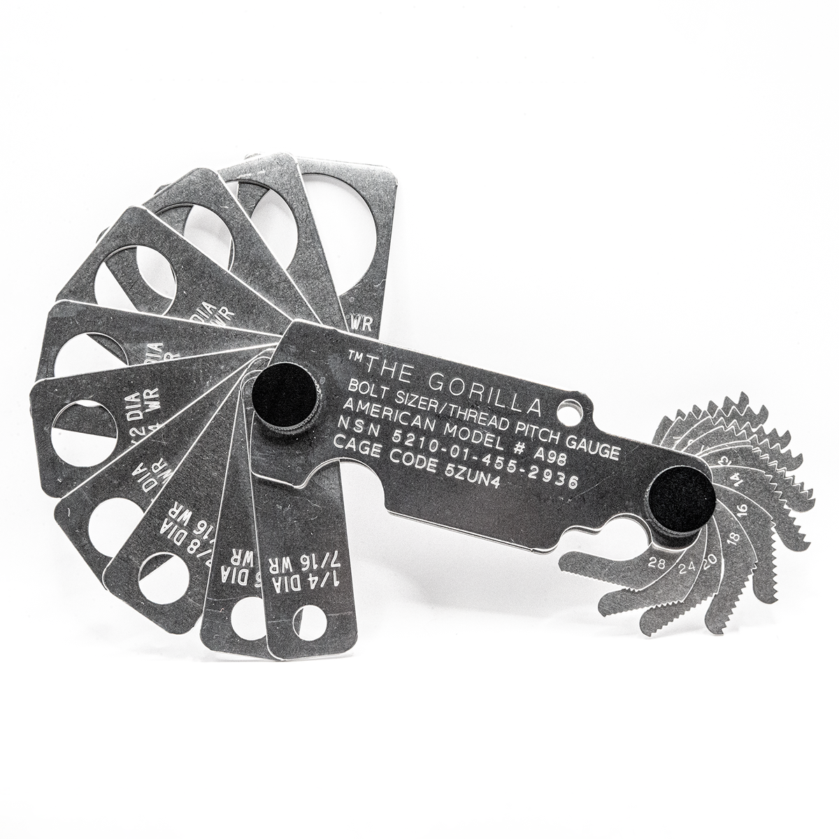 Metal Gorilla bolt size thread pitch gauge tool with inch measurement on white background, opened and showing the front