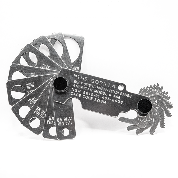 Metal Gorilla bolt size thread pitch gauge tool with inch measurement on white background, opened and showing the front