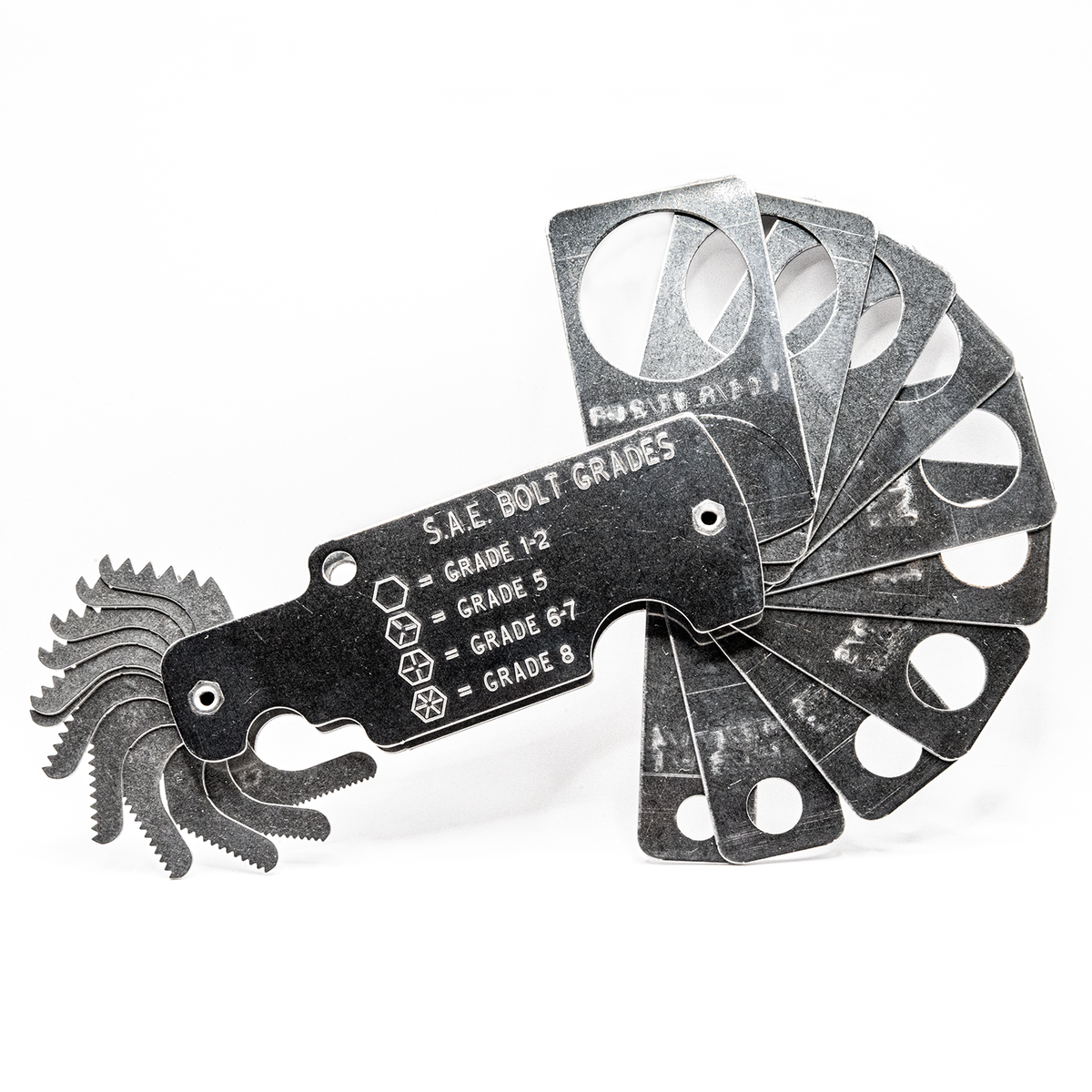 Metal Gorilla bolt size thread pitch gauge tool with inch measurement on white background, opened and showing the back