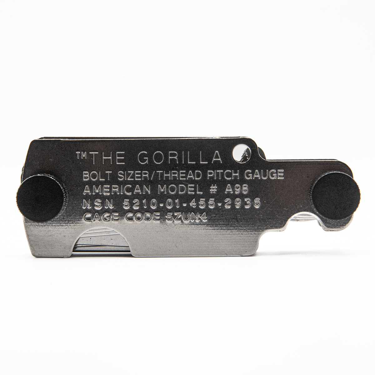 Metal Gorilla bolt size thread pitch gauge tool in inch measurement on white background, closed and showing the front