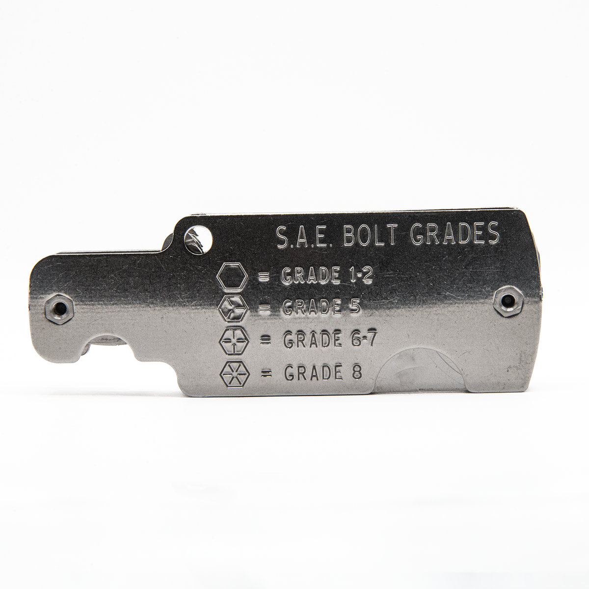 Metal Gorilla bolt size thread pitch gauge tool  with inch measurement on white background, closed and showing the back