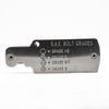 Metal Gorilla bolt size thread pitch gauge tool  with inch measurement on white background, closed and showing the back