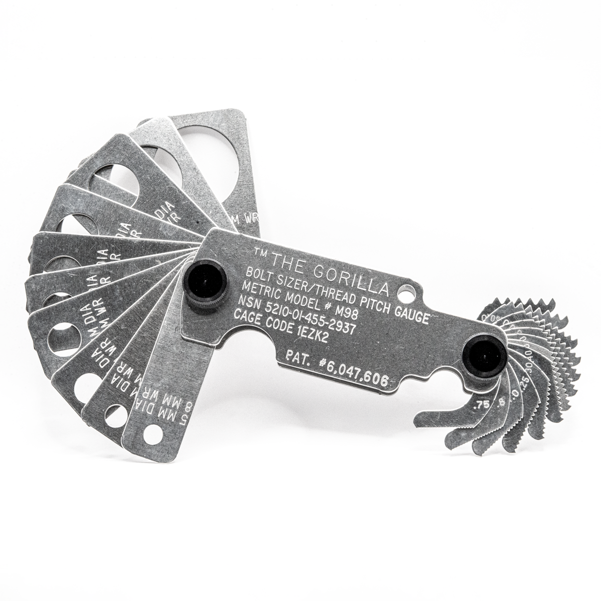 Metal Gorilla bolt size thread pitch gauge tool with metric measurement on white background, opened and showing the back