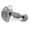 Metal Gorilla bolt size thread pitch gauge tool with metric measurement on white background, opened and showing the back