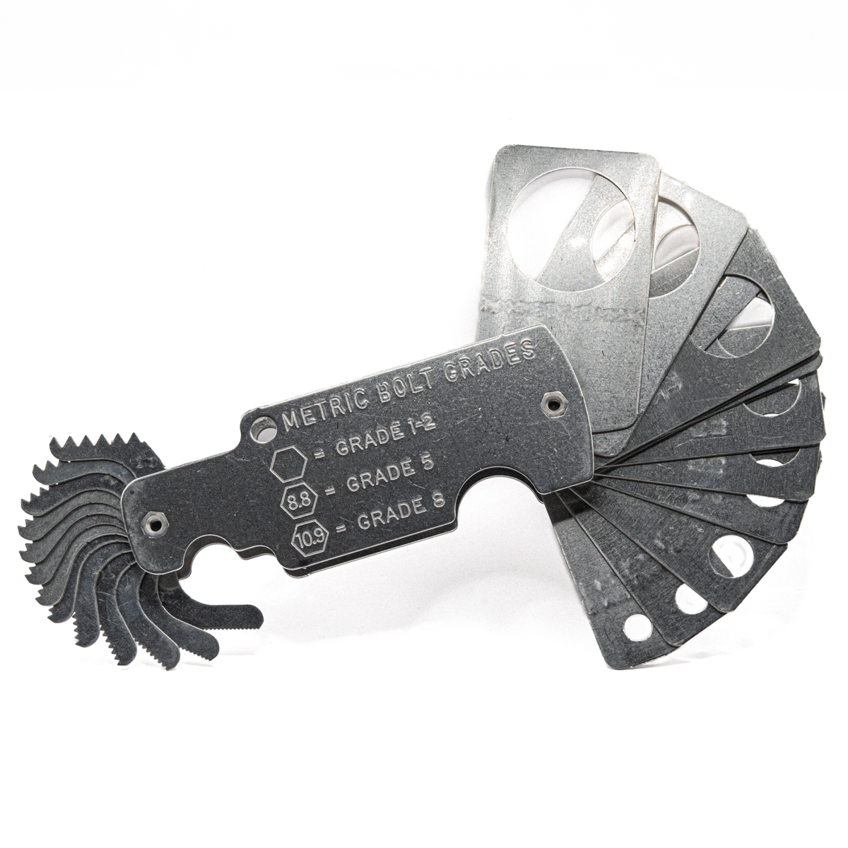 Metal Gorilla bolt size thread pitch gauge tool with metric measurement on white background, opened and showing the front