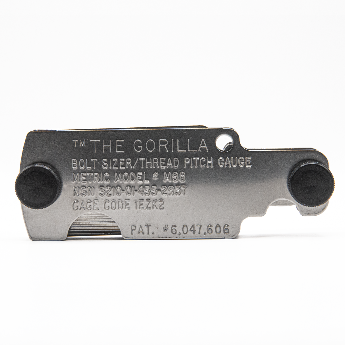 Metal Gorilla bolt size thread pitch gauge tool with metric measurement on white background, closed and showing the back