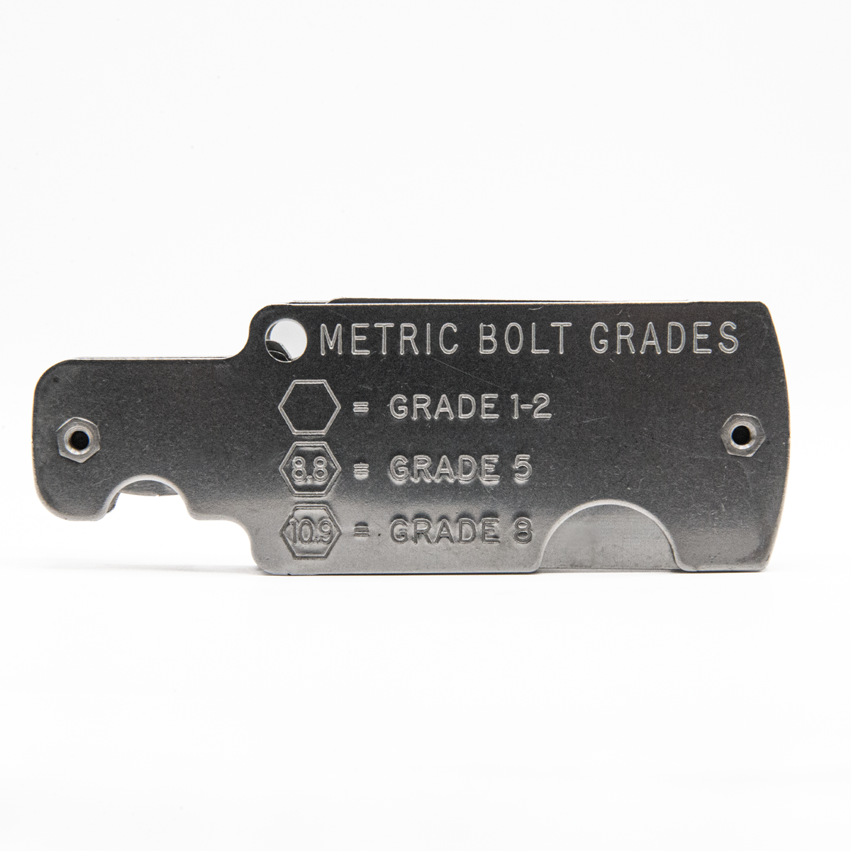 Metal Gorilla bolt size thread pitch gauge tool with metric measurement on white background, closed and showing the front
