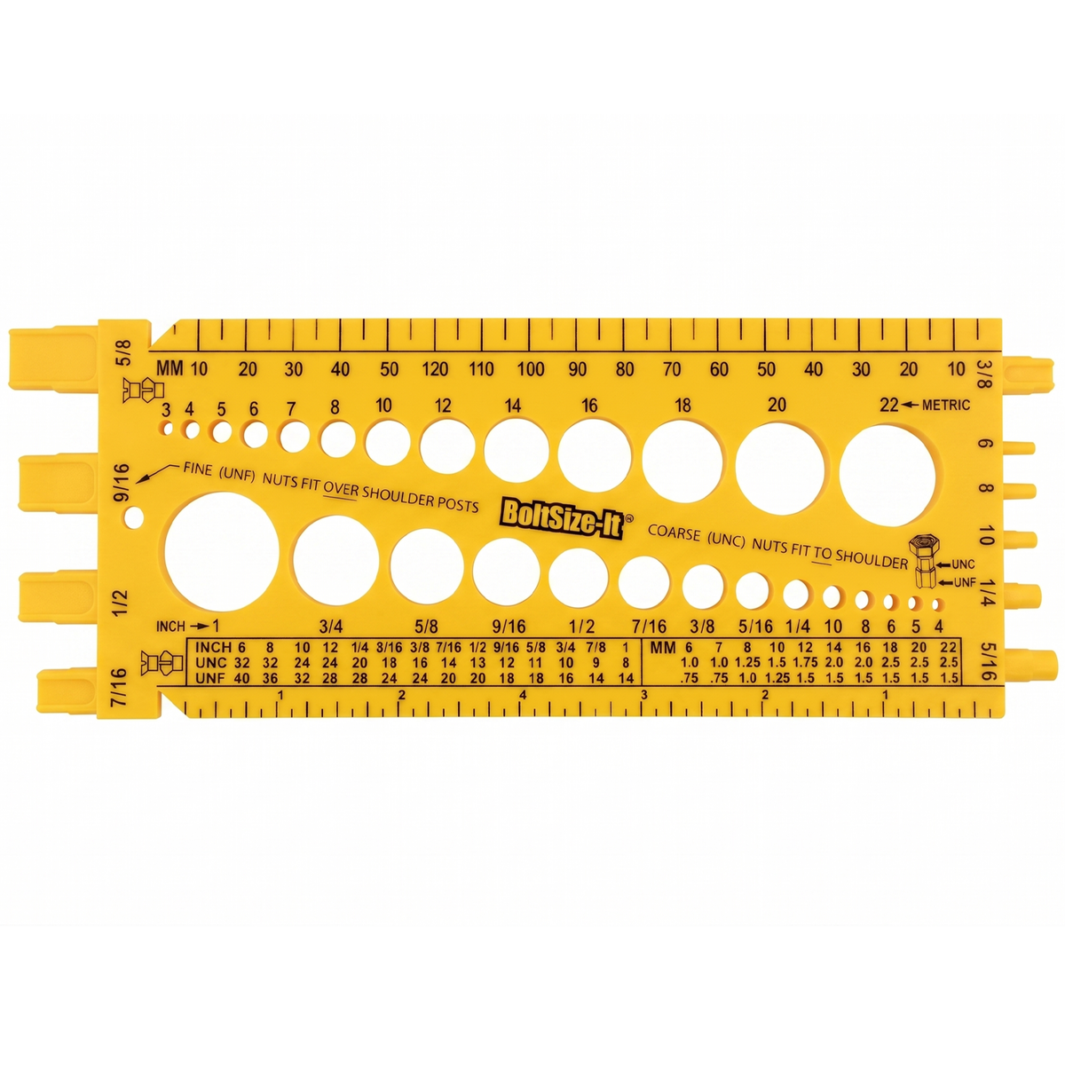 Yellow BoltSizeIt Nut & Bolt Gauge tool with circular holes for measuring bolts, showing the front side