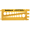 Yellow BoltSizeIt Nut & Bolt Gauge tool with circular holes for measuring bolts, showing the back side