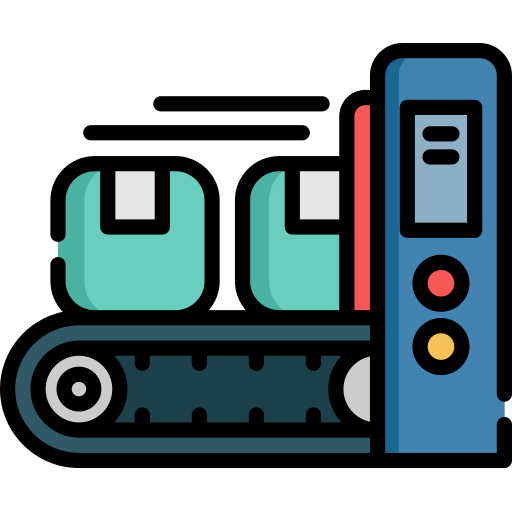Illustration of a conveyor belt system with control panel