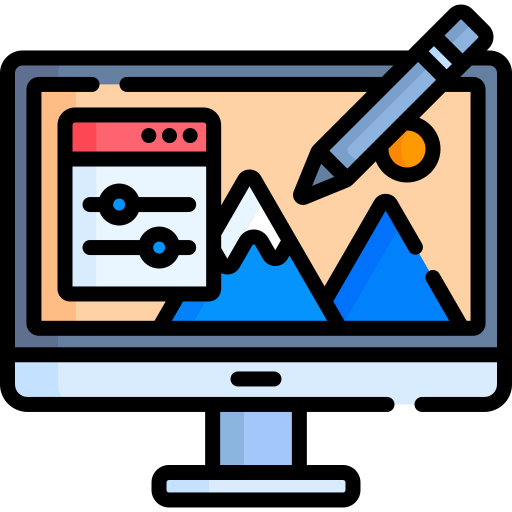 Computer monitor with a web browser, mountains, and a pen icon on a white background