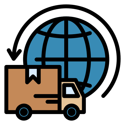 Icon of a delivery truck with a box and a globe, symbolizing global shipping.