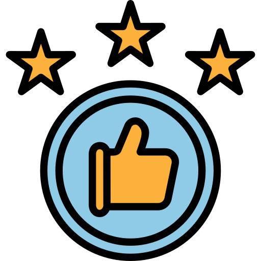 Three stars with a thumbs up icon inside a blue circle